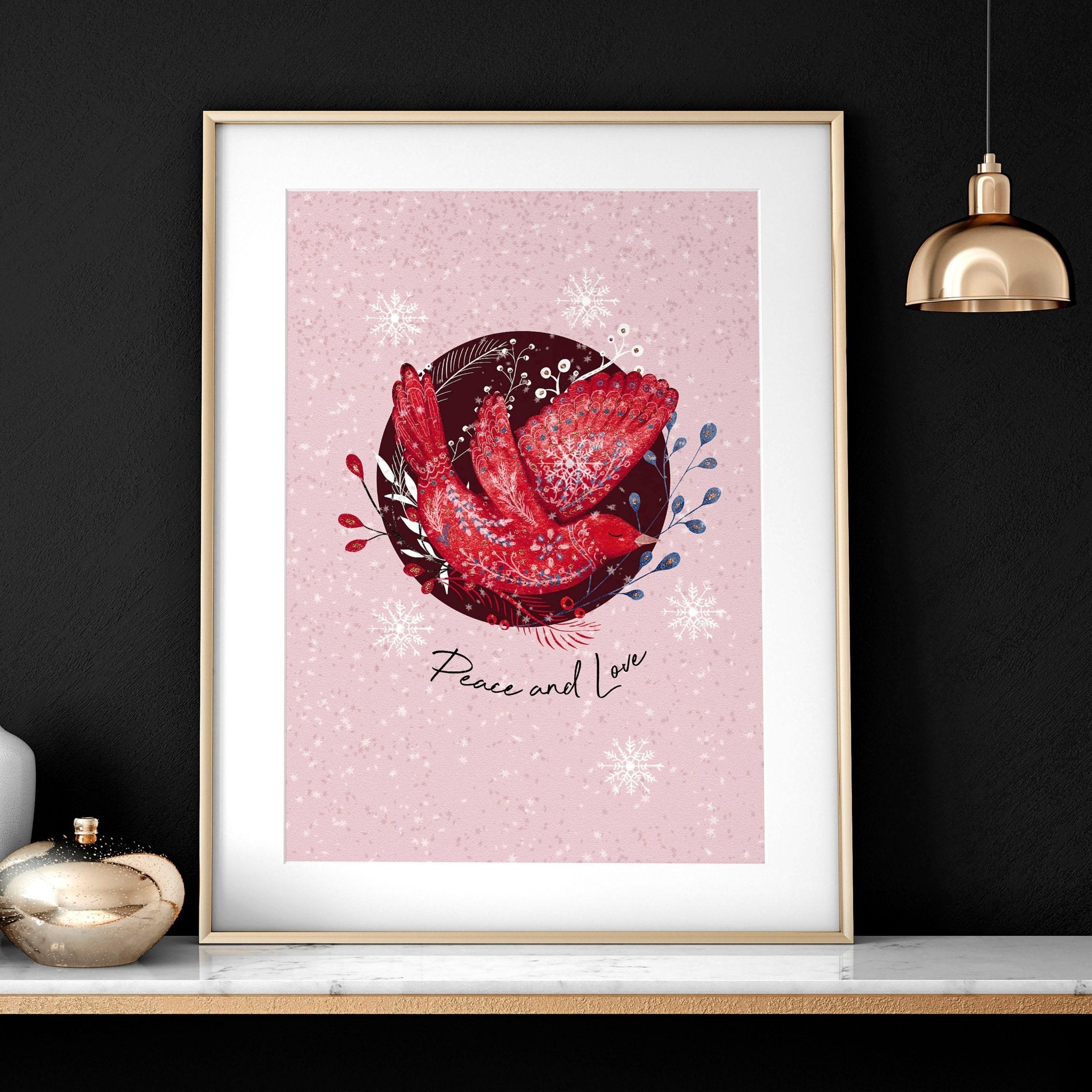 Scandi Christmas wall art print featuring a festive wreath and folk-style pigeon on a pink background.