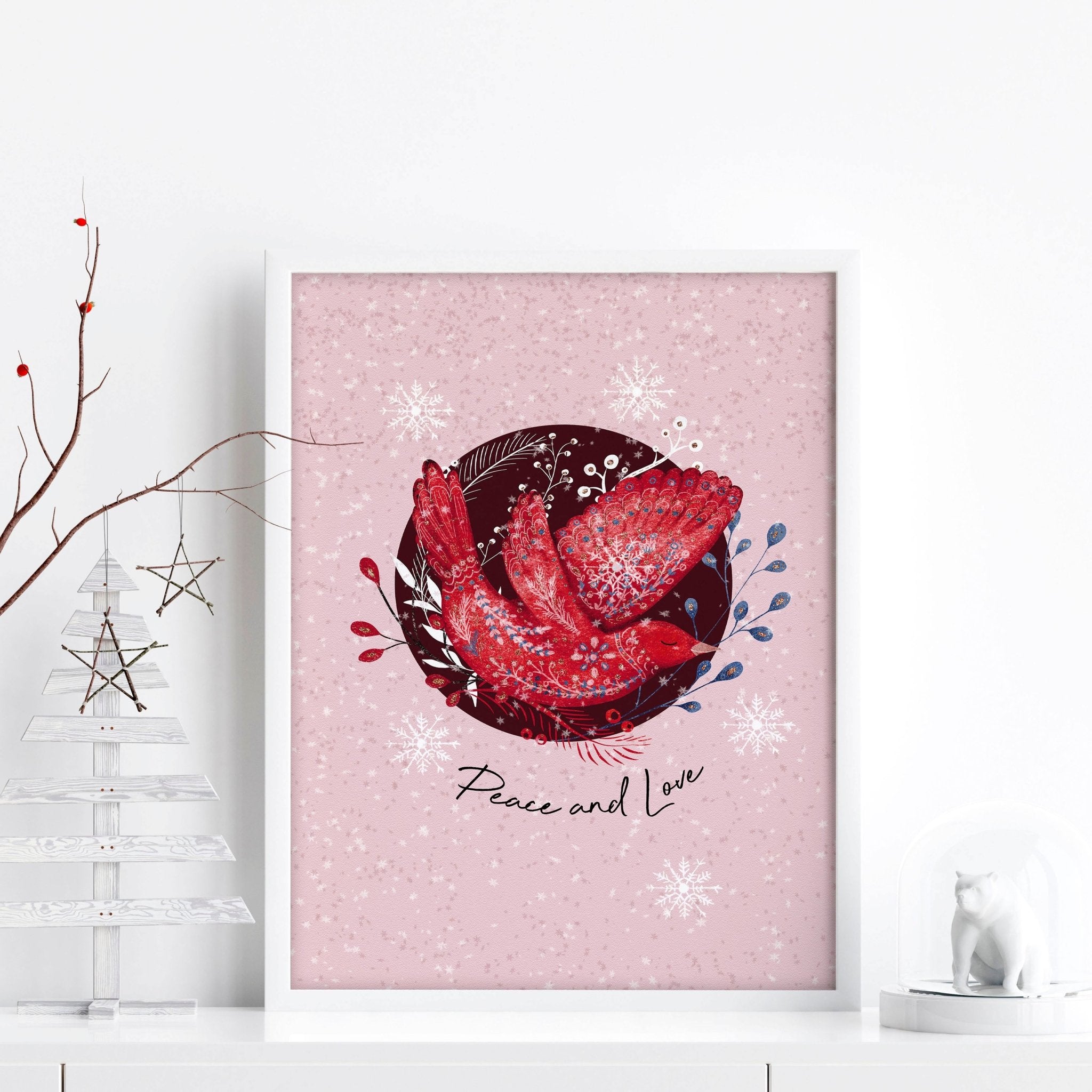 Scandi Christmas wall art print featuring a festive wreath and folk-style pigeon on a pink background.