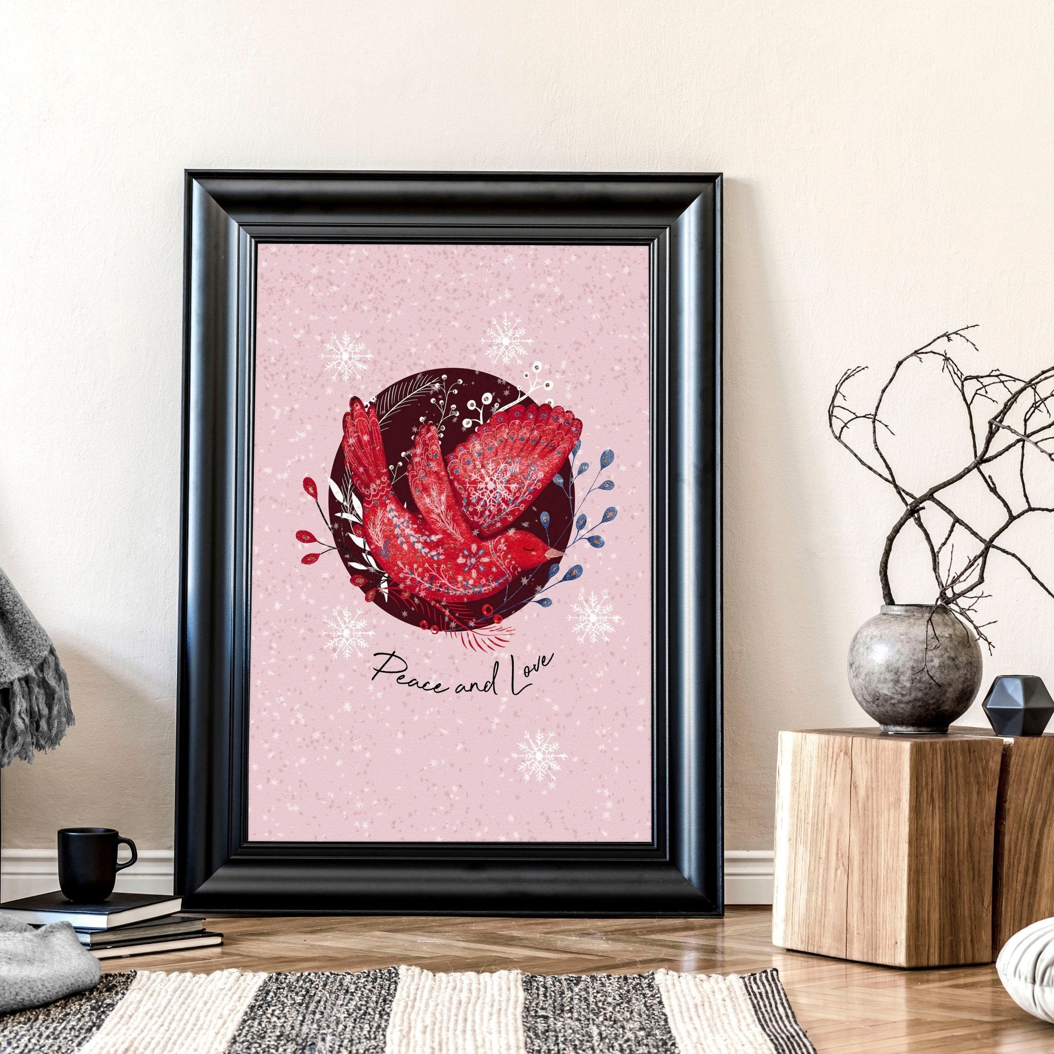 Scandi Christmas wall art print featuring a festive wreath and folk-style pigeon on a pink background.