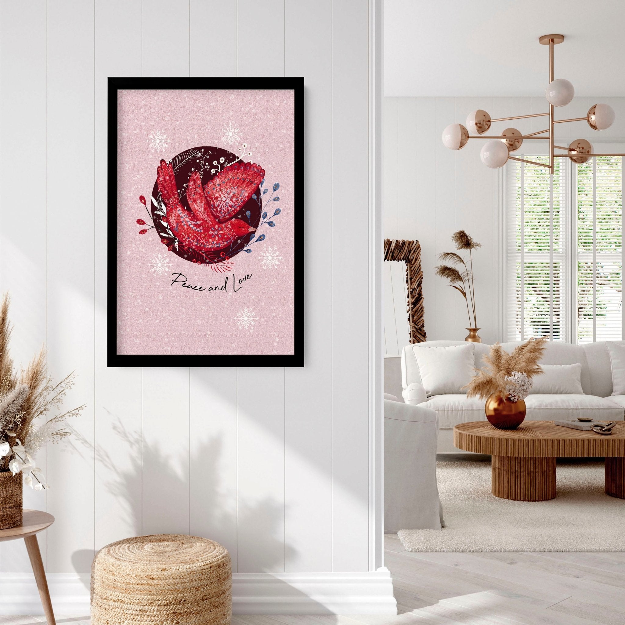 Scandi Christmas wall art print featuring a festive wreath and folk-style pigeon on a pink background.