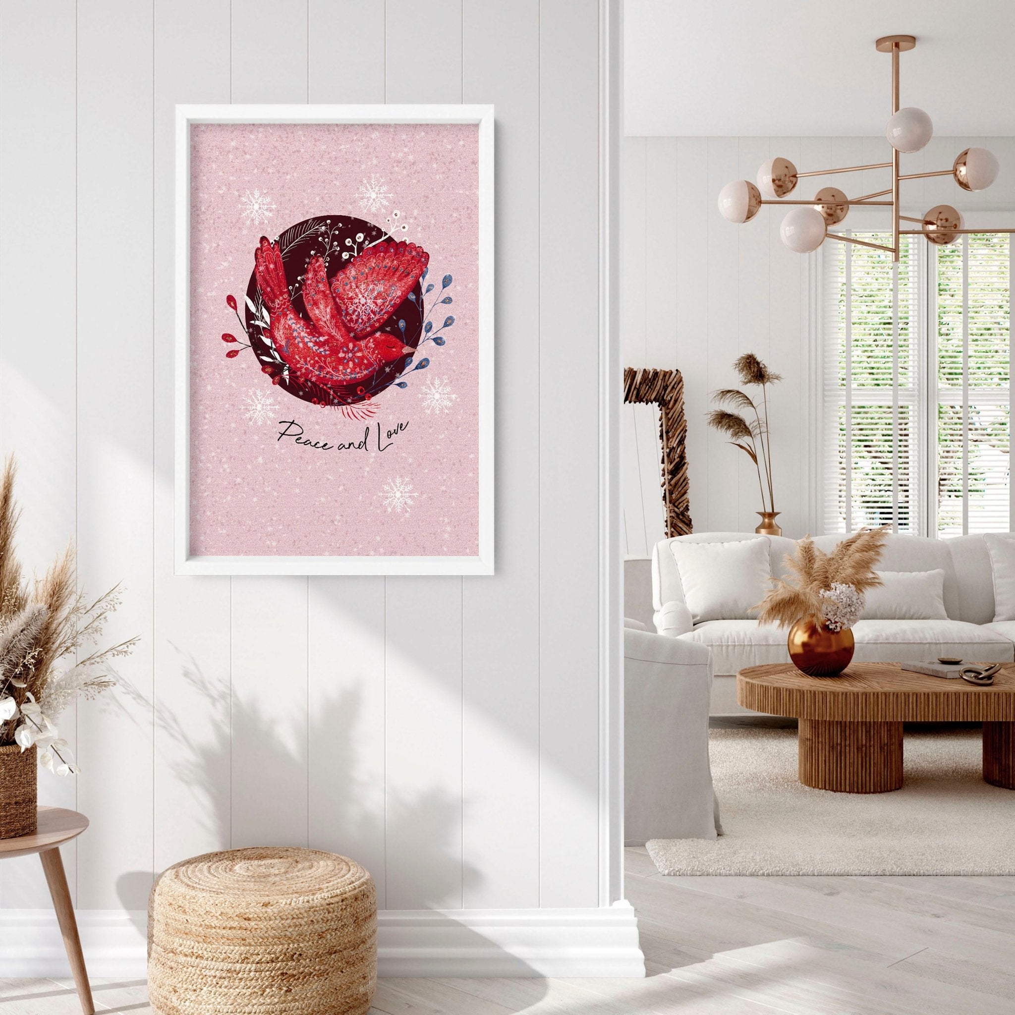 Scandi Christmas wall art print featuring a festive wreath and folk-style pigeon on a pink background.