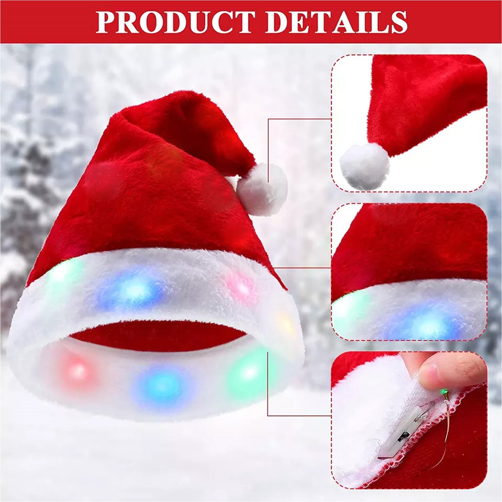 Two adult-sized Christmas Glowing Santa Hats with multicolor LED lights, made of soft plush material, perfect for festive celebrations.