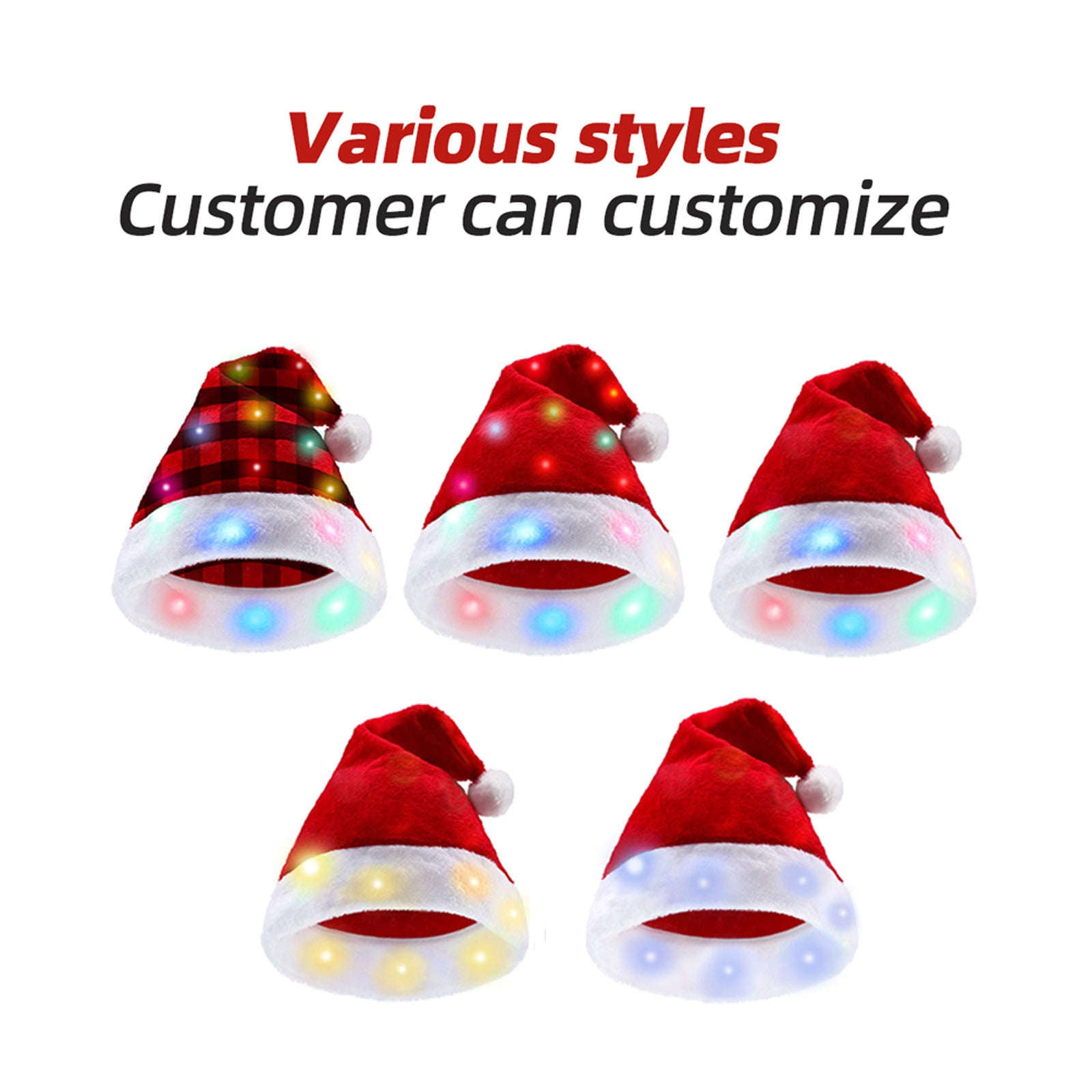 Two adult-sized Christmas Glowing Santa Hats with multicolor LED lights, made of soft plush material, perfect for festive celebrations.