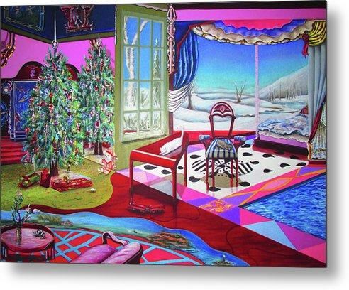 A vibrant Christmas Painting metal print by Sharon Tatem, showcasing rich colors and a sleek aluminum finish, perfect for holiday decor.