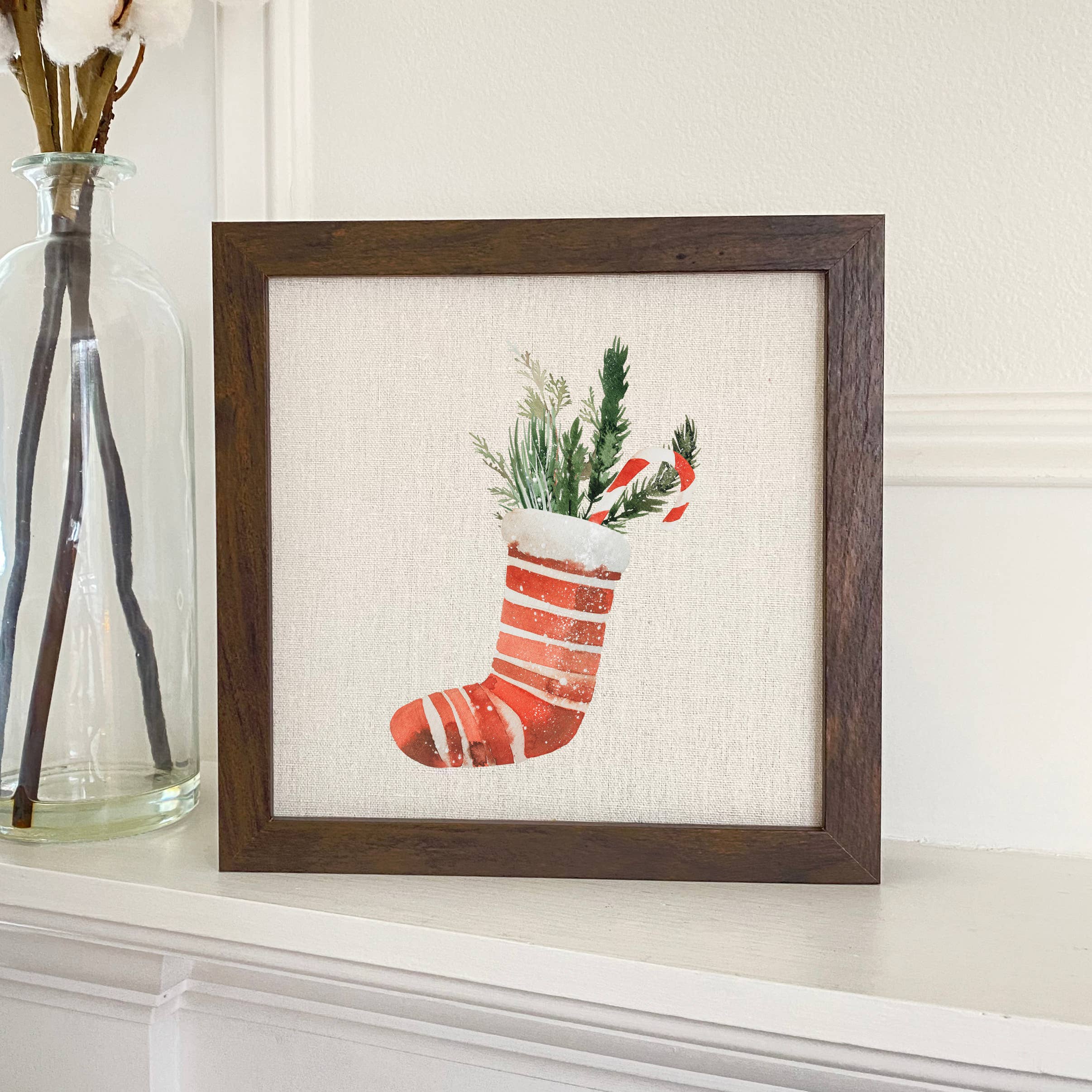 Christmas Stocking framed sign with a wood frame and linen-look background, perfect for holiday decor.