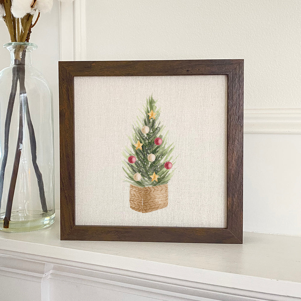 Christmas Tree Basket framed sign with a wood frame and linen-look background, perfect for holiday decor.