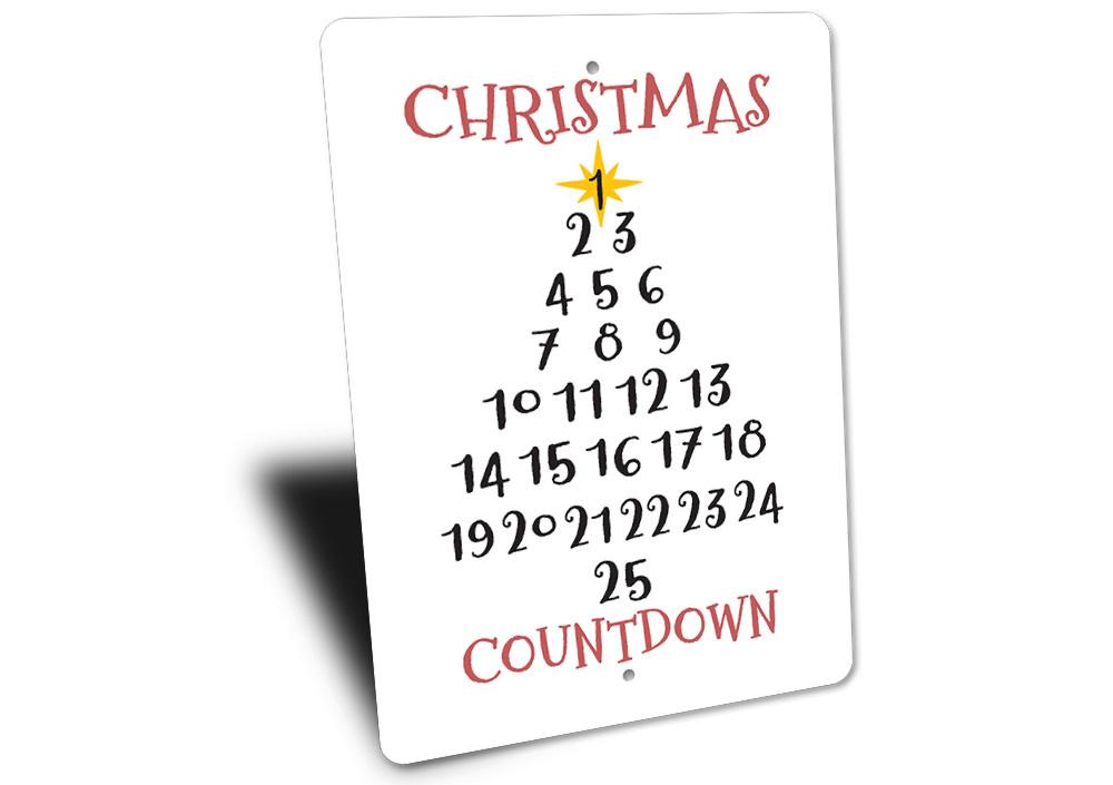 A festive Christmas Tree Countdown Sign made of durable aluminum, featuring a colorful design to count down the days until Christmas.