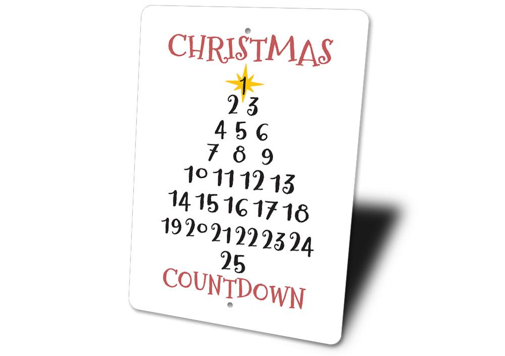 A festive Christmas Tree Countdown Sign made of durable aluminum, featuring a colorful design to count down the days until Christmas.