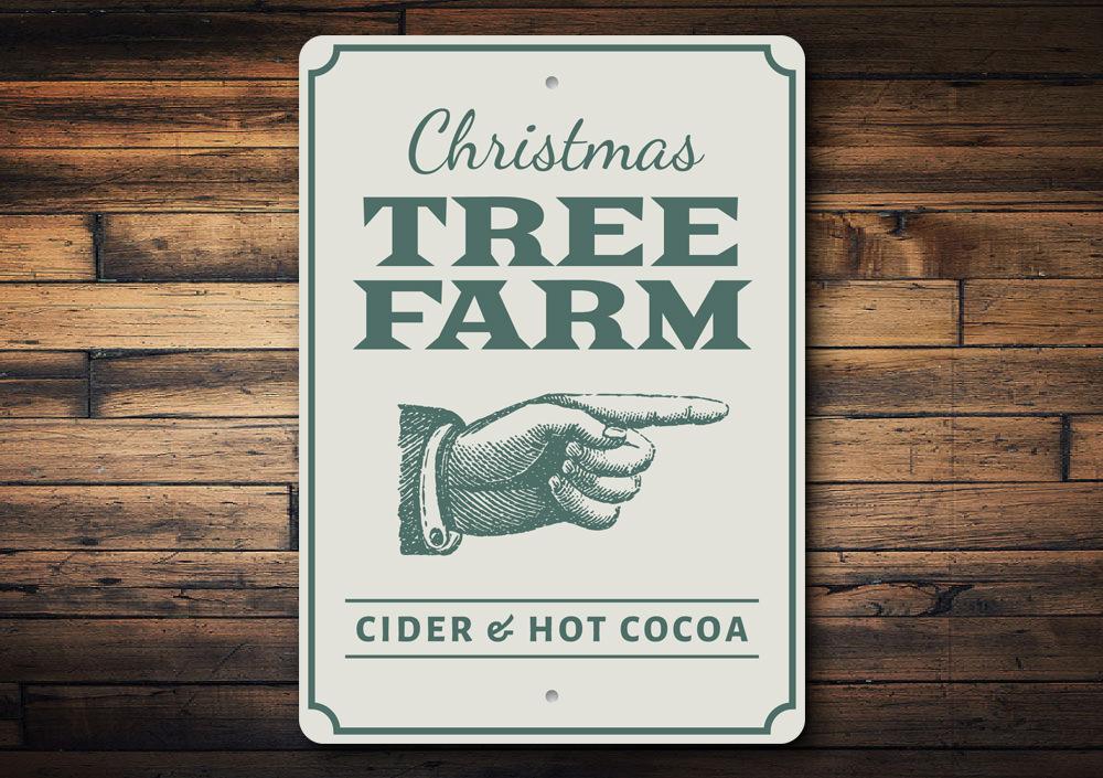 A decorative Christmas Tree Farm Directional Sign made of aluminum, featuring festive designs and customizable text, perfect for holiday decor.