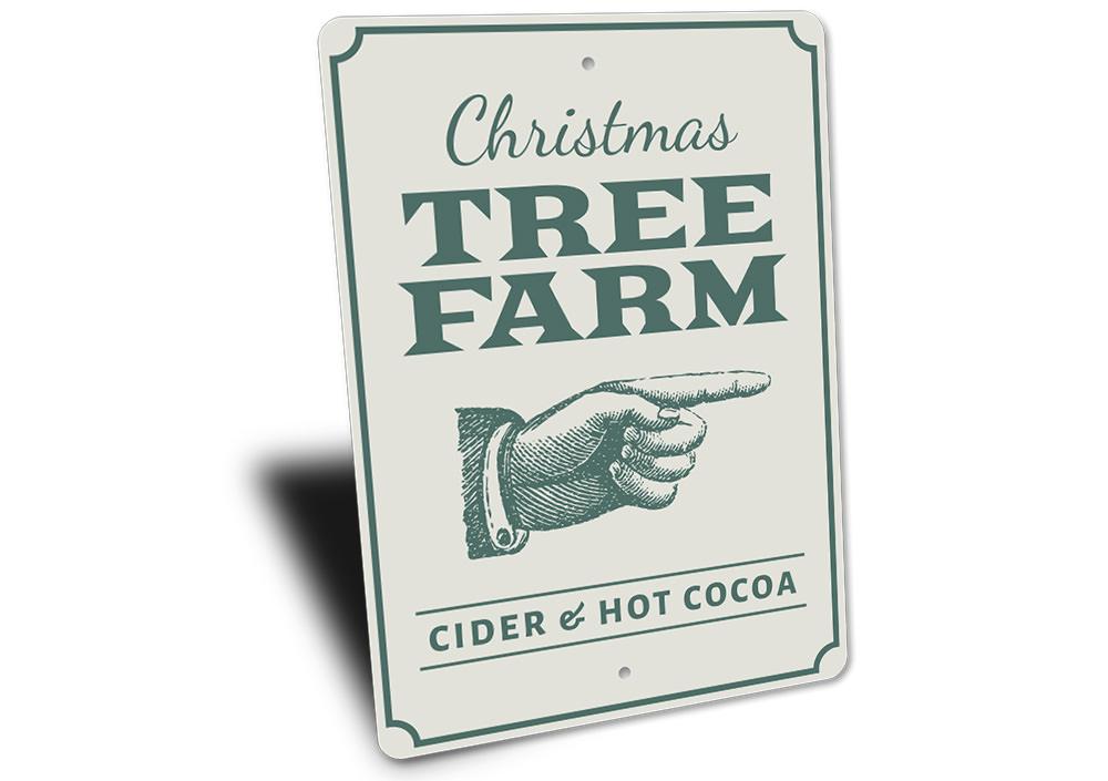 A decorative Christmas Tree Farm Directional Sign made of aluminum, featuring festive designs and customizable text, perfect for holiday decor.