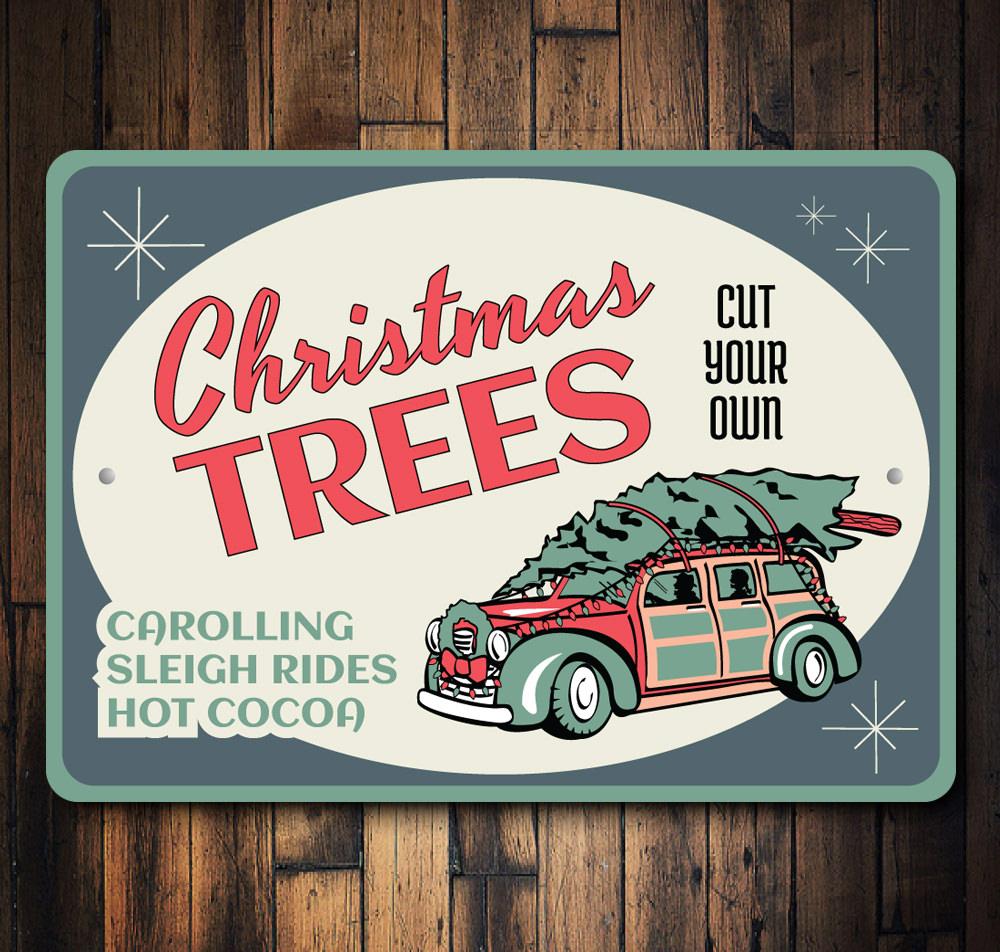 A festive Christmas Tree Sign made of durable aluminum, featuring a charming design perfect for holiday decorations.