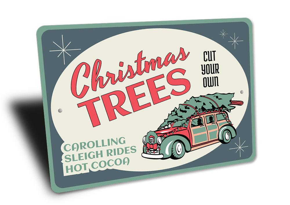 A festive Christmas Tree Sign made of durable aluminum, featuring a charming design perfect for holiday decorations.