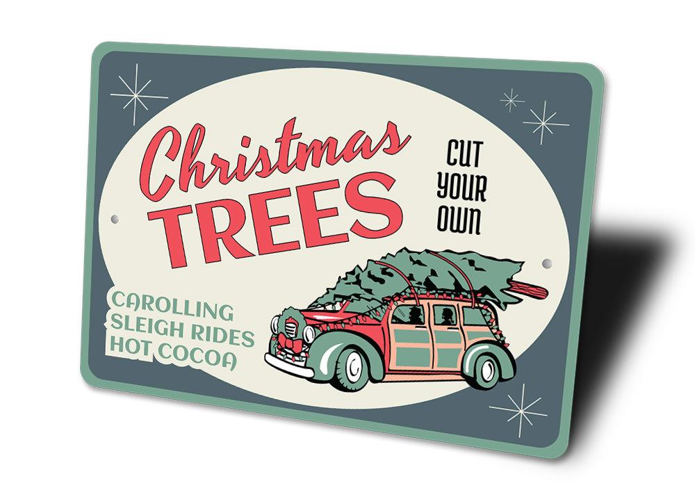 A festive Christmas Tree Sign made of durable aluminum, featuring a charming design perfect for holiday decorations.