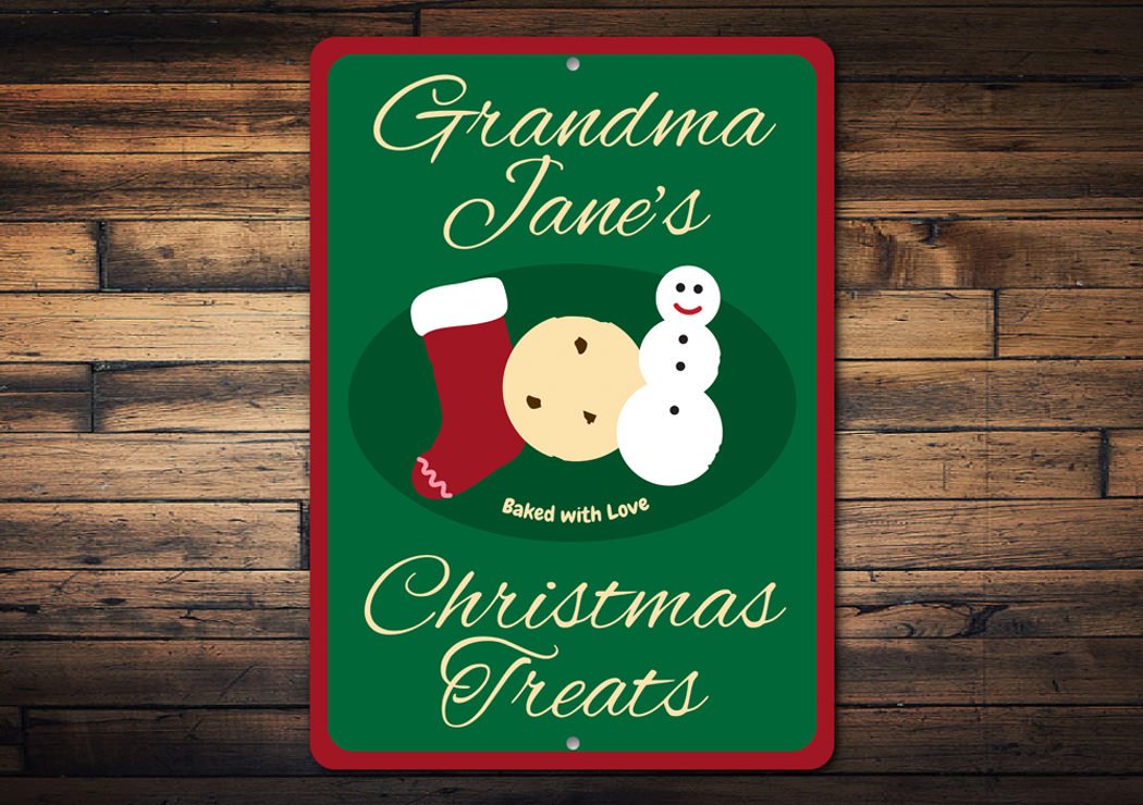 A festive Christmas Treats Sign made of durable aluminum, featuring vibrant holiday-themed designs, perfect for home decoration.