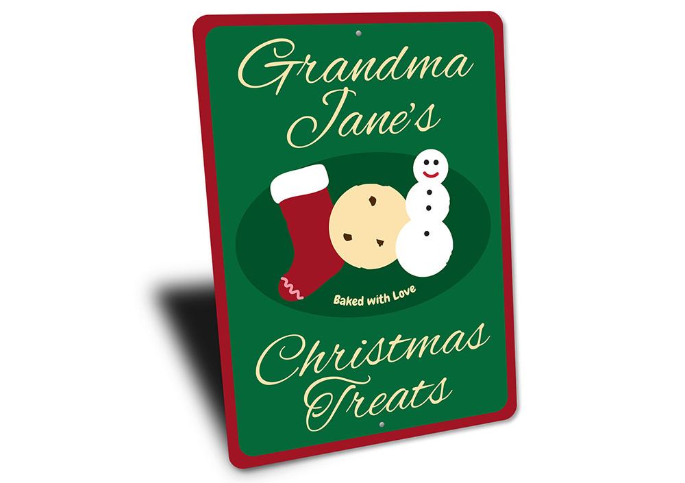 A festive Christmas Treats Sign made of durable aluminum, featuring vibrant holiday-themed designs, perfect for home decoration.