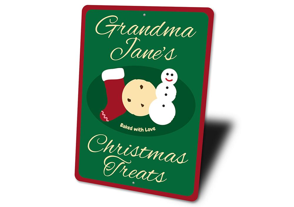 A festive Christmas Treats Sign made of durable aluminum, featuring vibrant holiday-themed designs, perfect for home decoration.