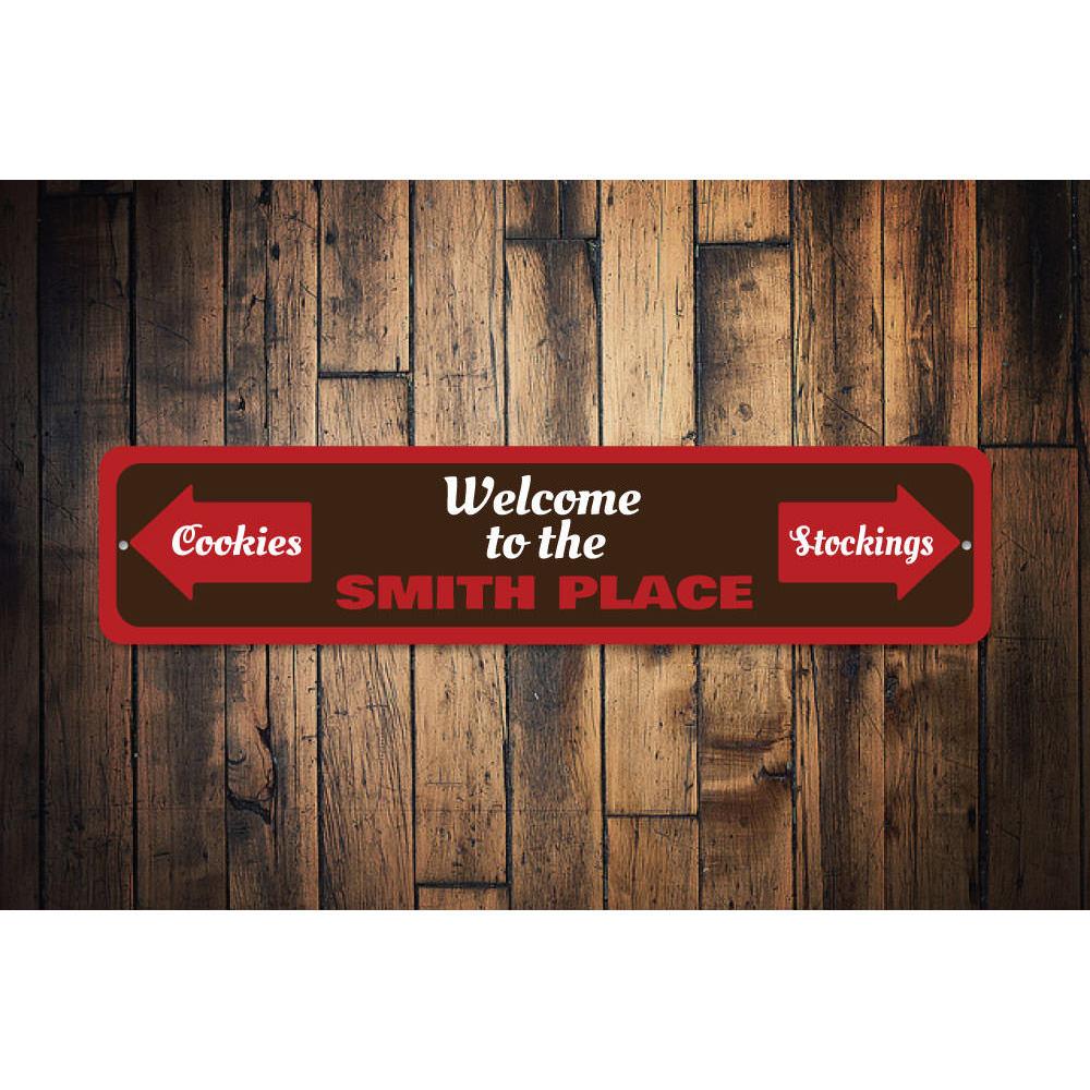 A festive Christmas Welcome Sign made of high-quality aluminum, featuring customizable text and a charming design, perfect for holiday decor.