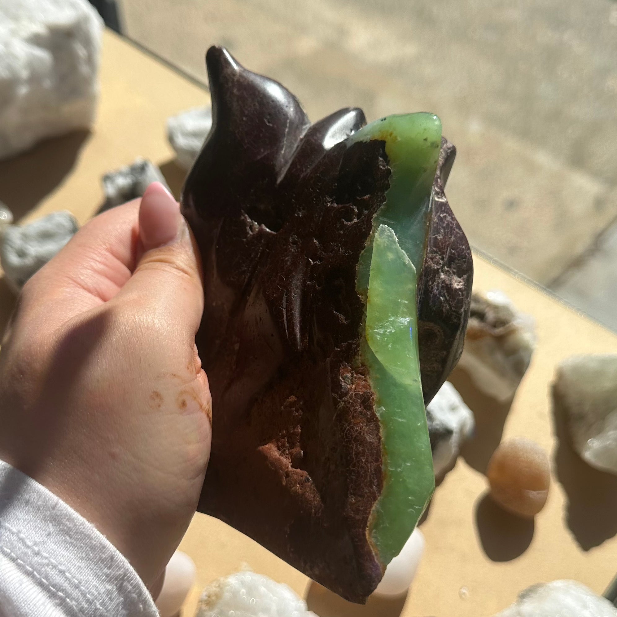 900g Chrysoprase Freeform shaped like a dolphin, showcasing its vibrant green color and unique texture, ethically sourced from Australia.