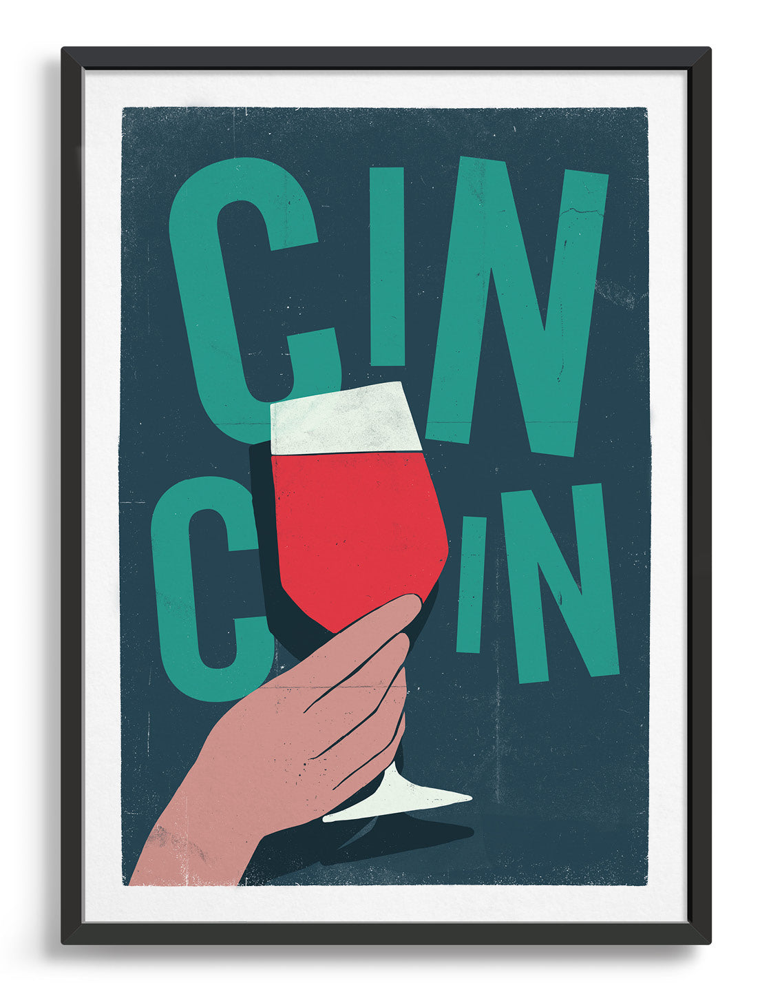 A vibrant 'Cin Cin' print designed for home bar decor, featuring playful typography and colorful accents.