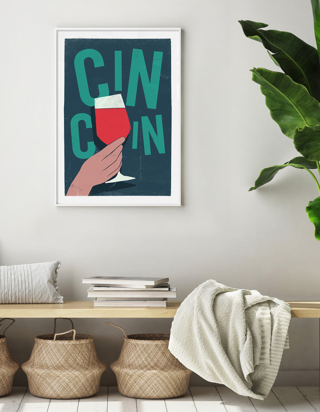 A vibrant 'Cin Cin' print designed for home bar decor, featuring playful typography and colorful accents.