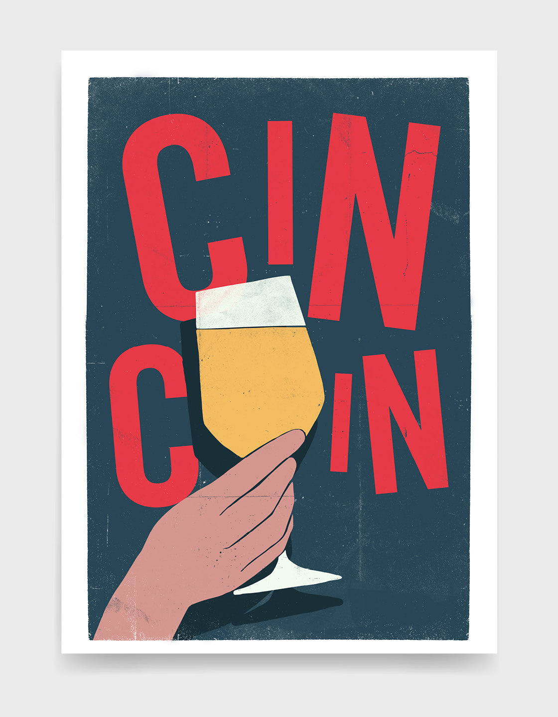 A vibrant 'Cin Cin' print designed for home bar decor, featuring playful typography and colorful accents.