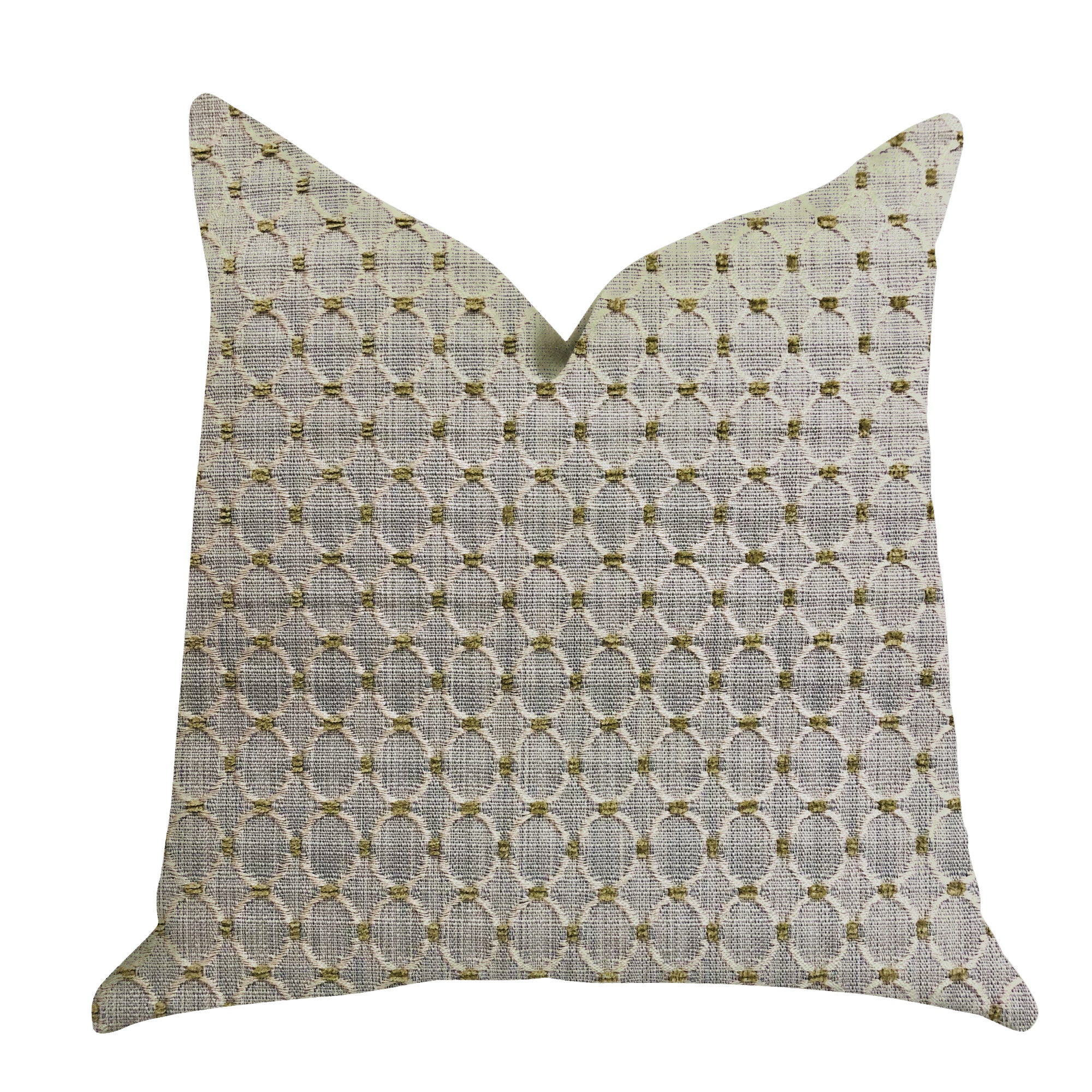 Circular ringed luxury throw pillow in gray and beige, showcasing a stylish design and invisible zipper closure.