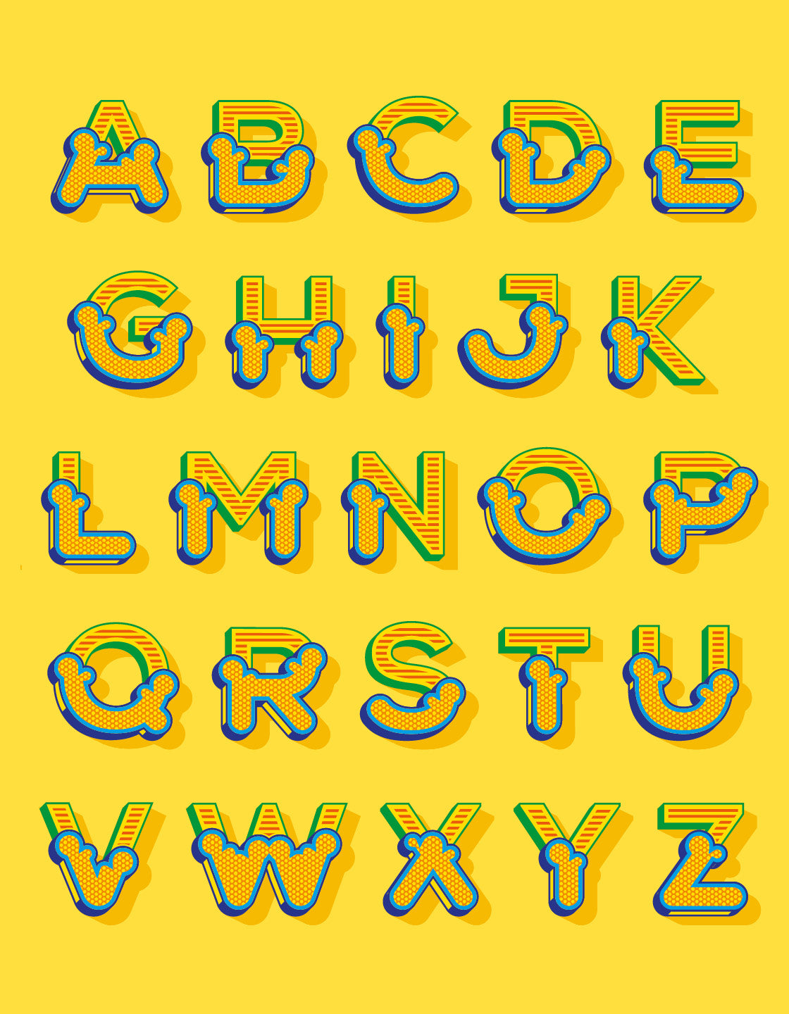 Personalized Circus Alphabet print in yellow featuring a custom letter in a playful circus style font.