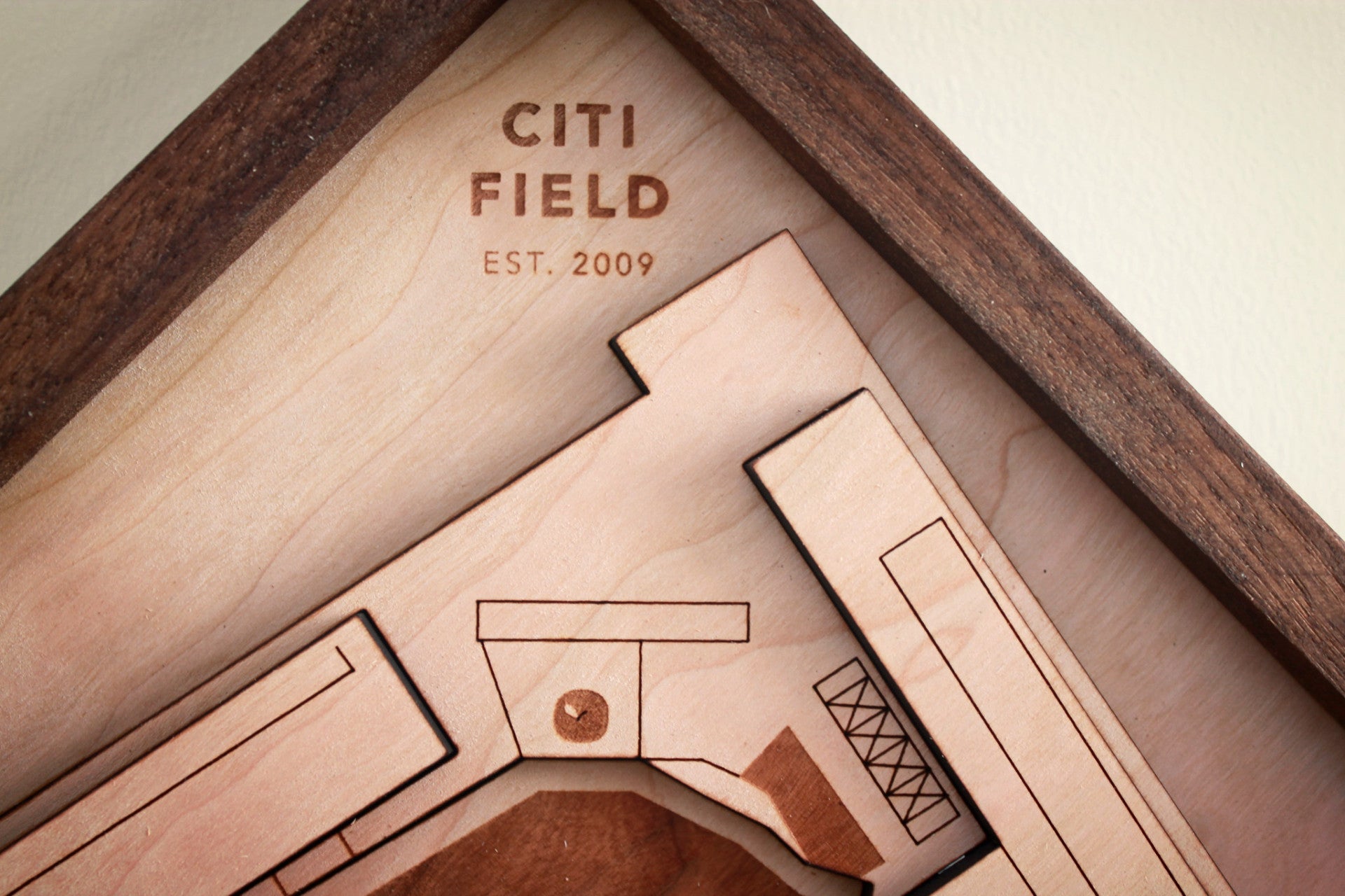 A beautifully crafted Citi Field artwork featuring the Shea Bridge and Big Apple, made from premium hardwoods.