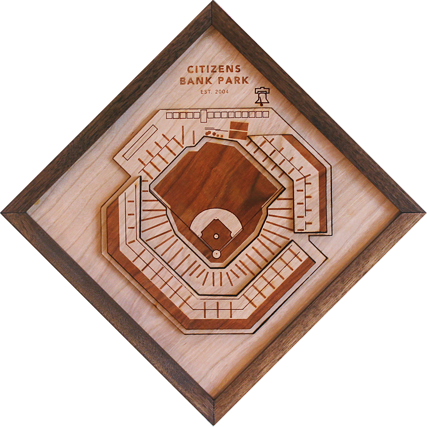 Citizens Bank Park wall art featuring intricate laser-cut design in solid cherry and black walnut frame, perfect for Phillies fans.