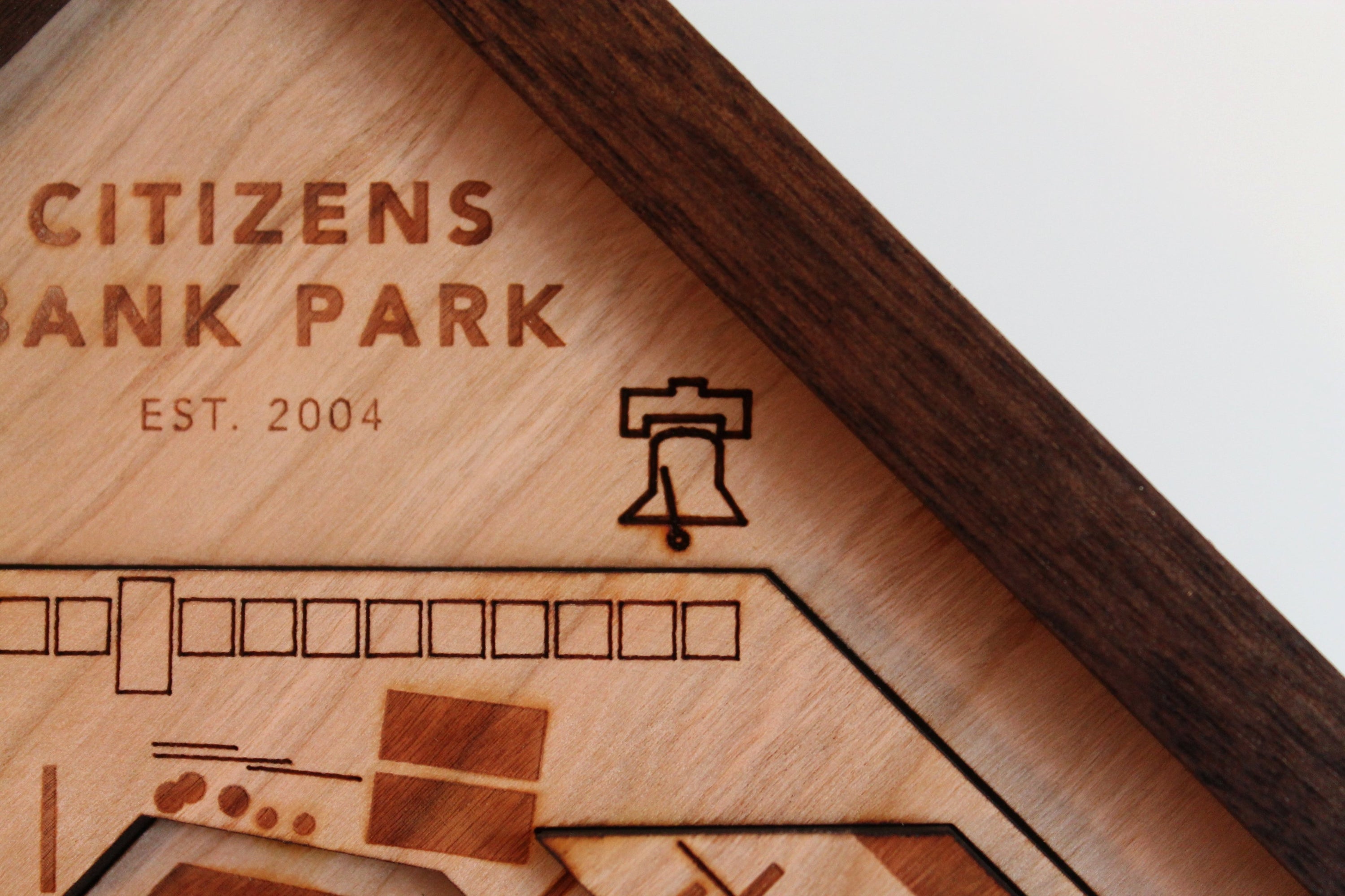 Citizens Bank Park wall art featuring intricate laser-cut design in solid cherry and black walnut frame, perfect for Phillies fans.