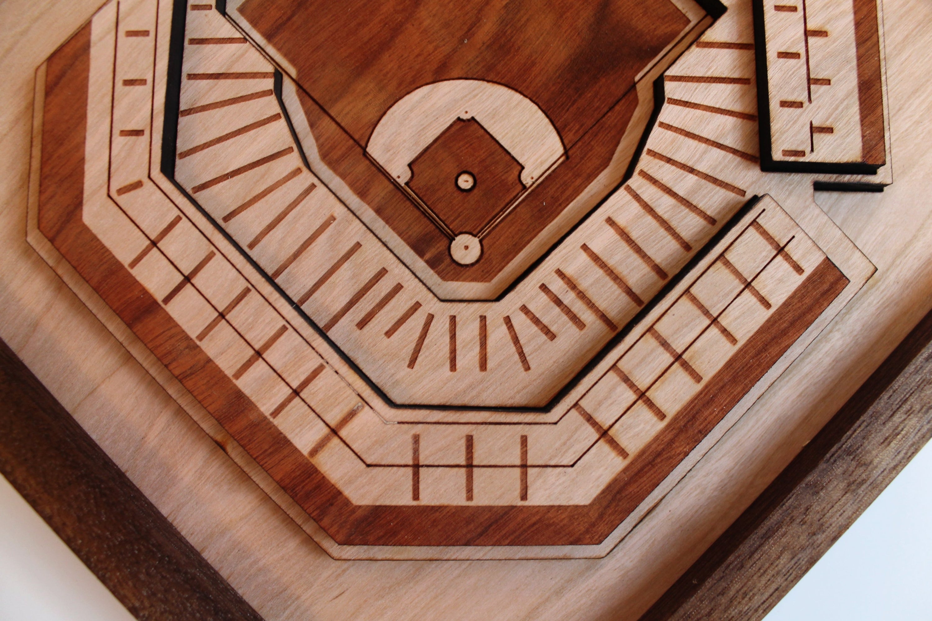 Citizens Bank Park wall art featuring intricate laser-cut design in solid cherry and black walnut frame, perfect for Phillies fans.