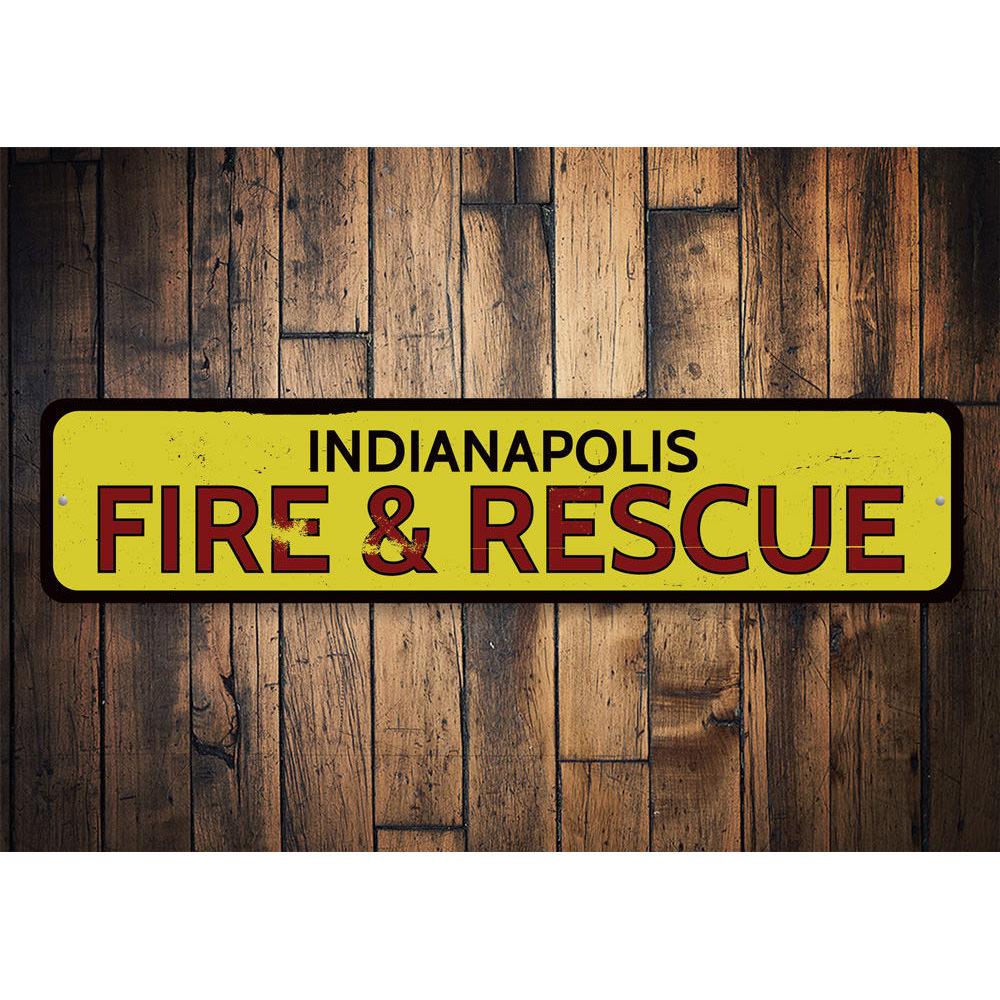 City Fire & Rescue Sign made of high-quality aluminum, featuring customizable text and pre-drilled holes for easy mounting.