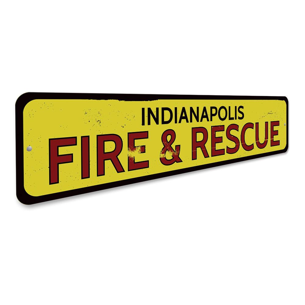 City Fire & Rescue Sign made of high-quality aluminum, featuring customizable text and pre-drilled holes for easy mounting.