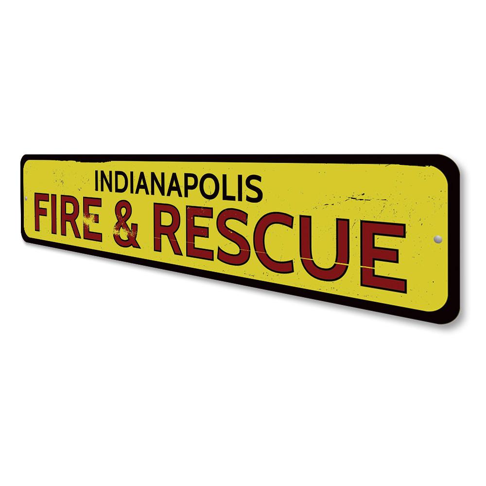 City Fire & Rescue Sign made of high-quality aluminum, featuring customizable text and pre-drilled holes for easy mounting.