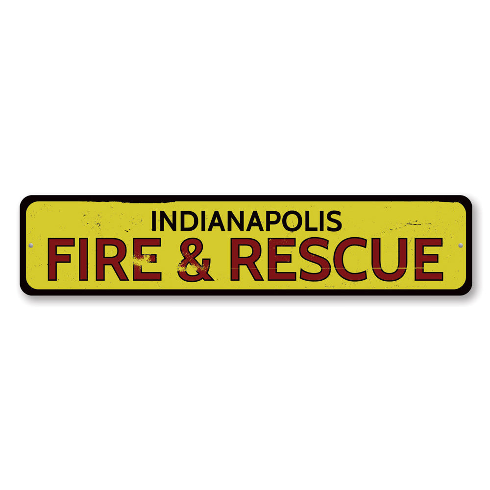 City Fire & Rescue Sign made of high-quality aluminum, featuring customizable text and pre-drilled holes for easy mounting.