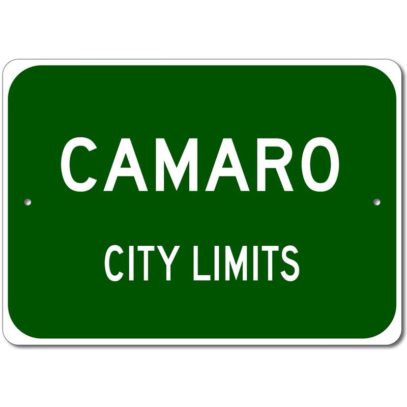 City Limits Car Sign featuring various car brands, made from high-quality aluminum, perfect for man caves and garages.