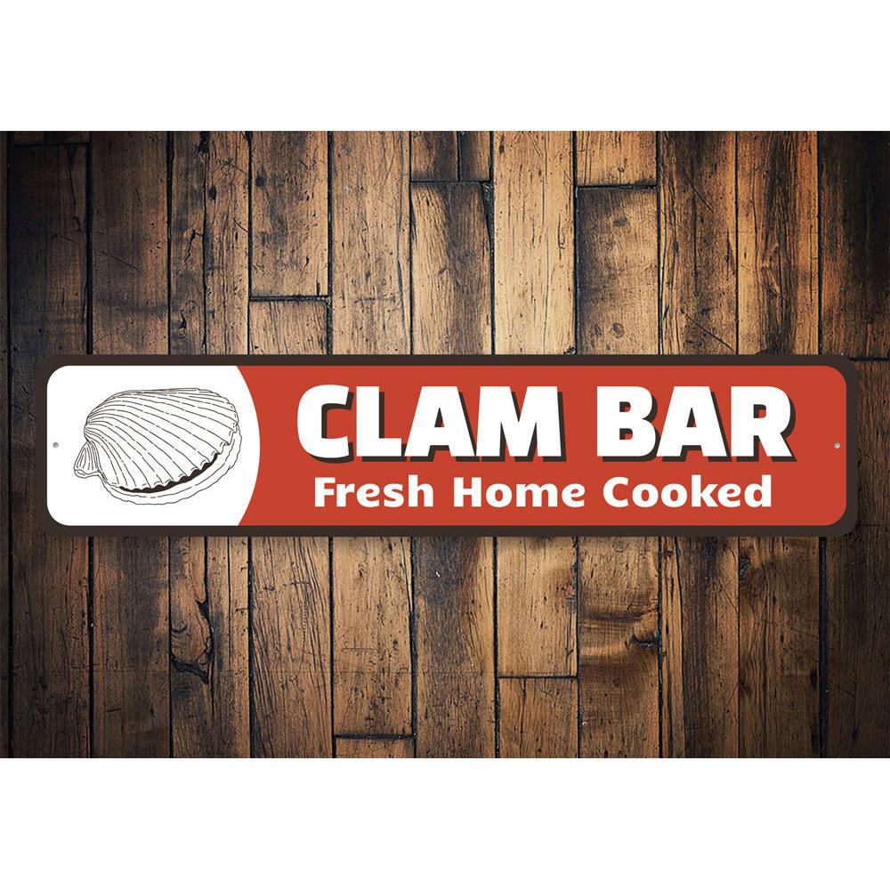 A decorative Clam Bar Sign made of high-quality aluminum, featuring customizable text and pre-drilled holes for easy mounting, perfect for beach-themed decor.