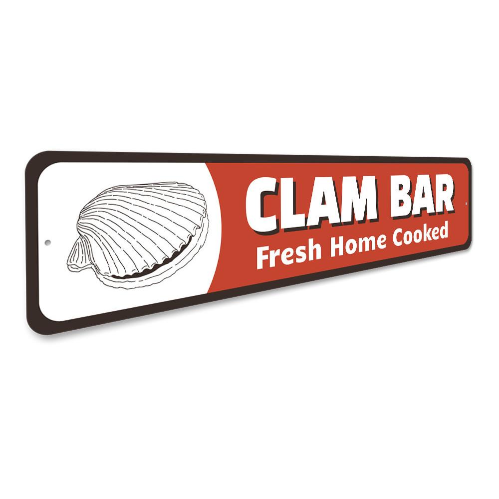 A decorative Clam Bar Sign made of high-quality aluminum, featuring customizable text and pre-drilled holes for easy mounting, perfect for beach-themed decor.