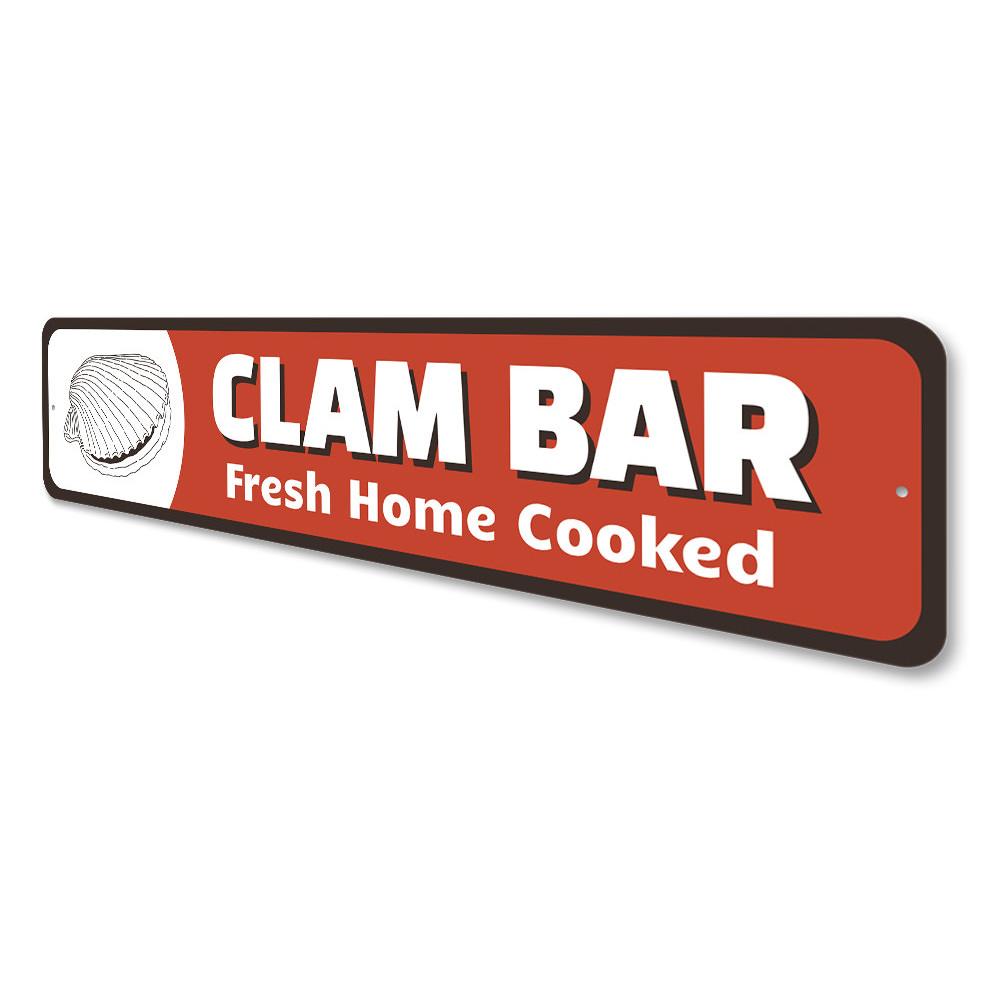 A decorative Clam Bar Sign made of high-quality aluminum, featuring customizable text and pre-drilled holes for easy mounting, perfect for beach-themed decor.