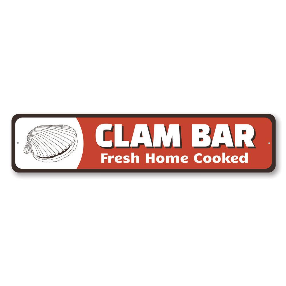 A decorative Clam Bar Sign made of high-quality aluminum, featuring customizable text and pre-drilled holes for easy mounting, perfect for beach-themed decor.