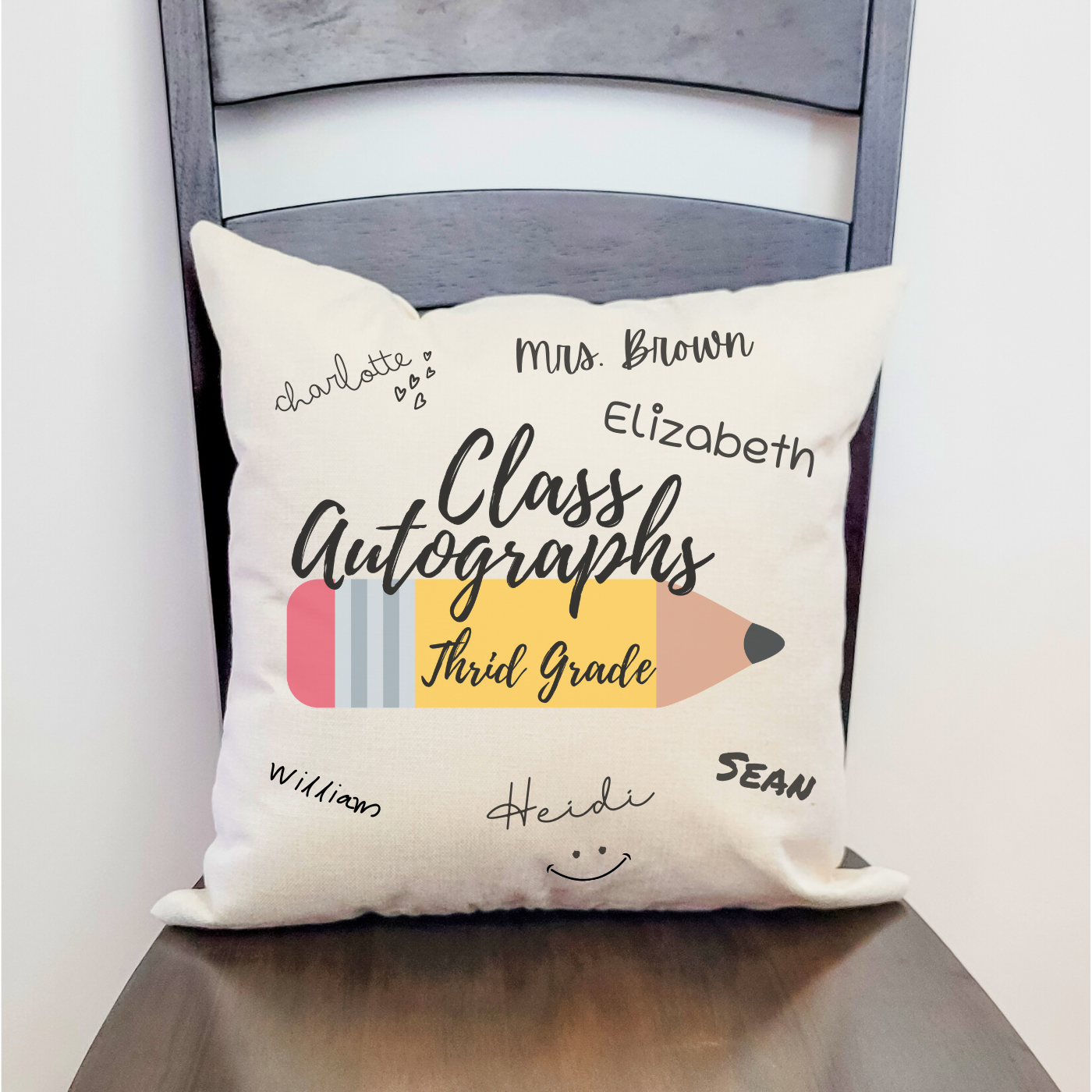 Class Autographs 3rd Grade Pillow Cover in Farmhouse Beige, featuring space for signatures and messages.