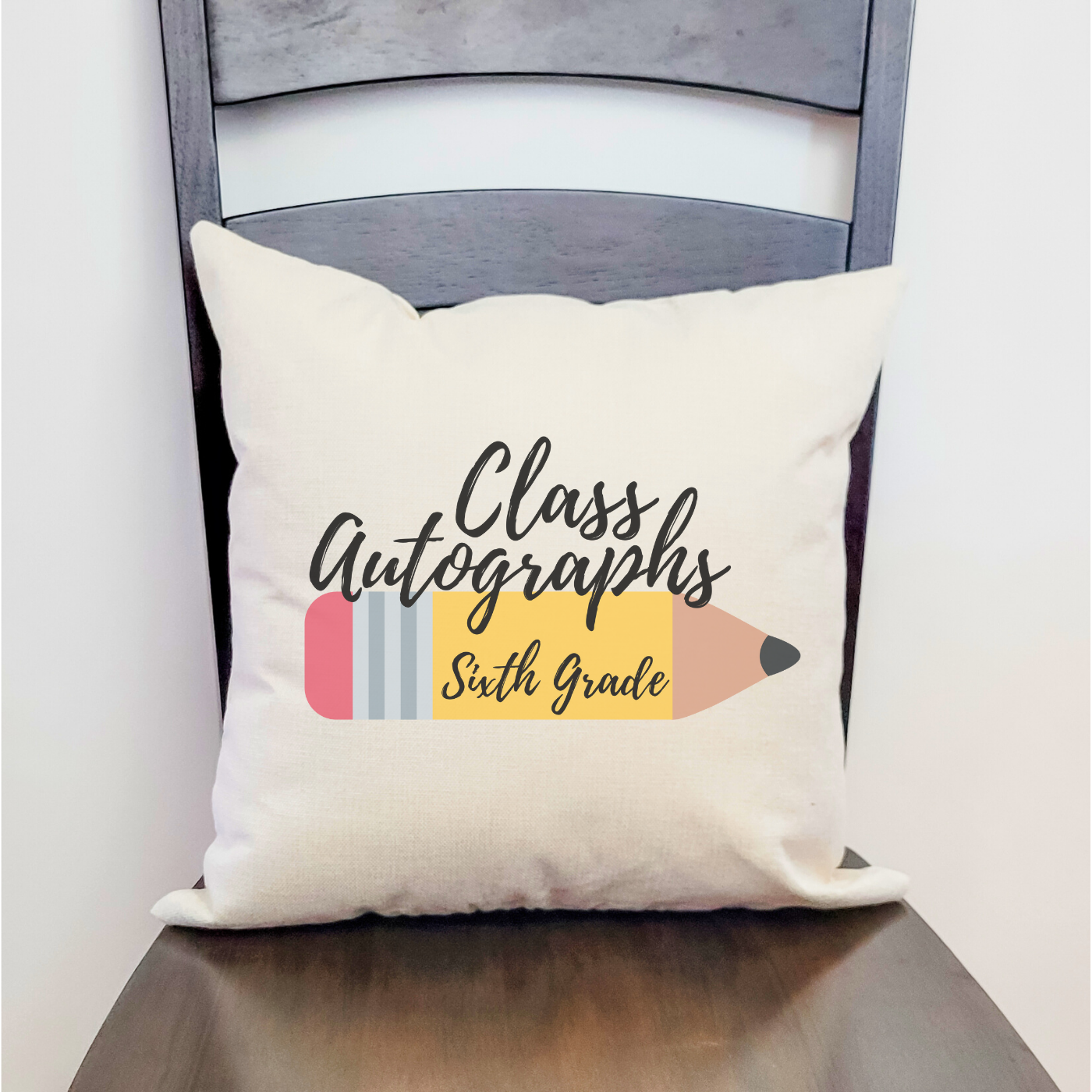 Class Autographs 6th Grade Pillow Cover in Farmhouse Beige, featuring a soft polyester linen fabric, perfect for collecting signatures and messages.