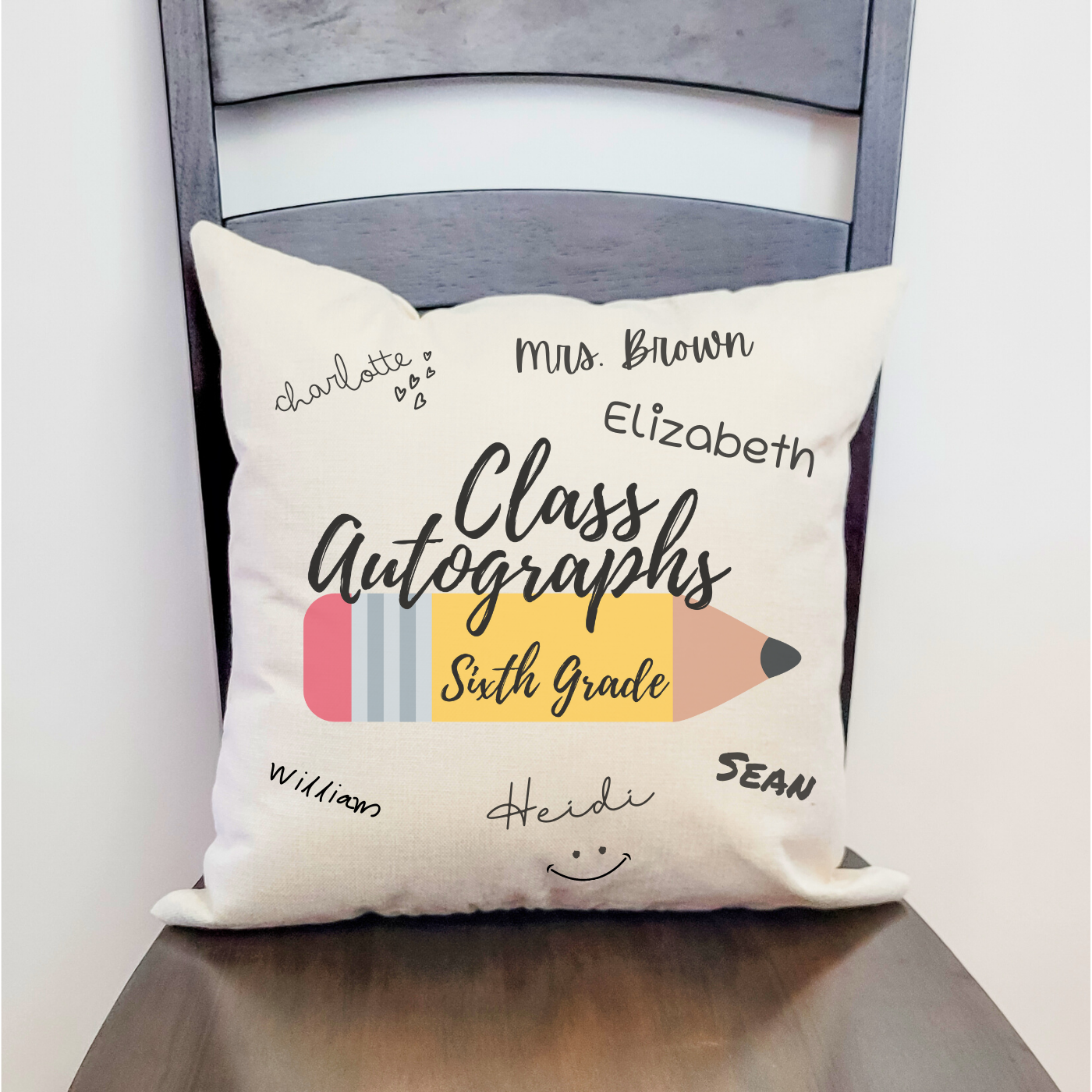 Class Autographs 6th Grade Pillow Cover in Farmhouse Beige, featuring a soft polyester linen fabric, perfect for collecting signatures and messages.