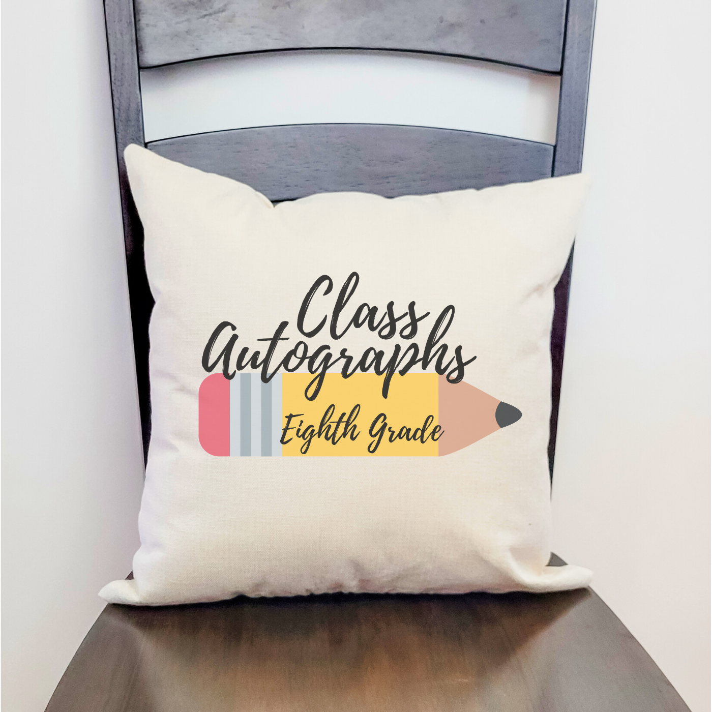 Class Autographs 8th Grade Pillow Cover in Farmhouse Beige, featuring a soft polyester linen texture, perfect for collecting signatures and messages.