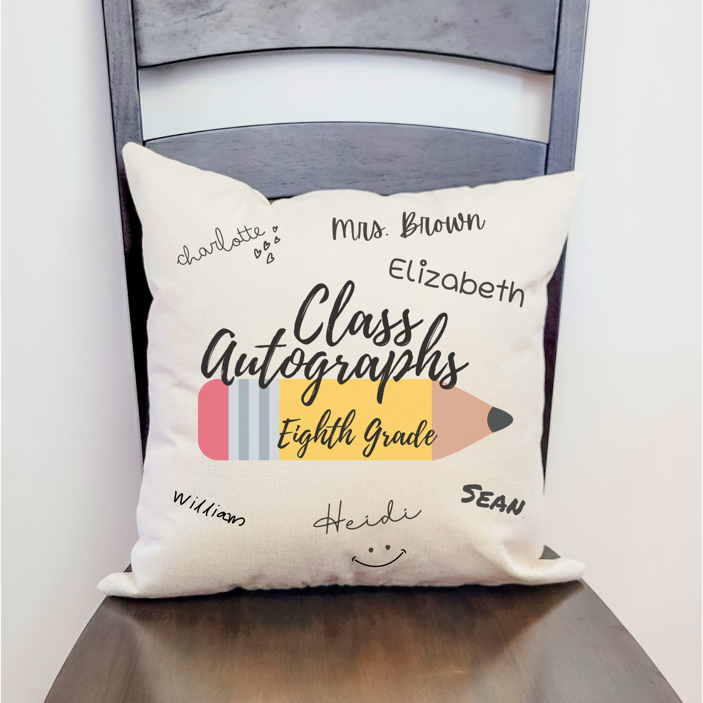 Class Autographs 8th Grade Pillow Cover in Farmhouse Beige, featuring a soft polyester linen texture, perfect for collecting signatures and messages.