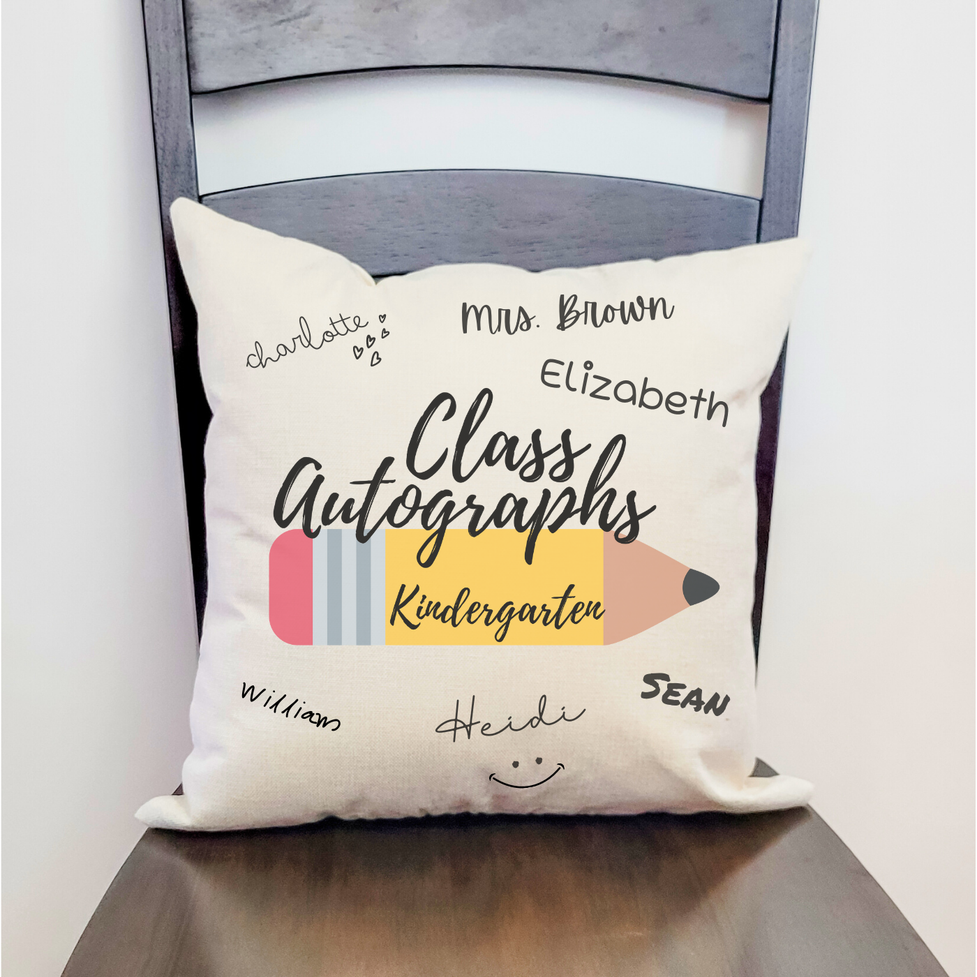 Class Autographs Kindergarten Pillow Cover in Farmhouse Beige, designed for collecting signatures and messages.