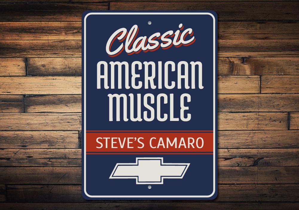 Classic American Muscle Camaro Sign made of high-quality aluminum, featuring vibrant colors and customizable text options, perfect for garages and man caves.