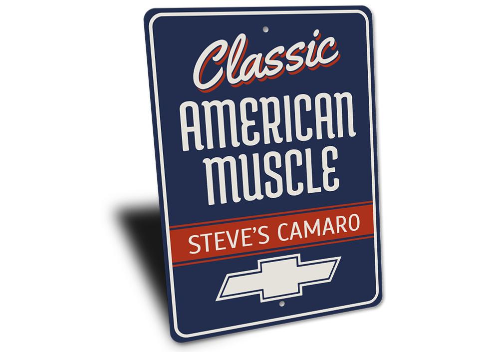 Classic American Muscle Camaro Sign made of high-quality aluminum, featuring vibrant colors and customizable text options, perfect for garages and man caves.