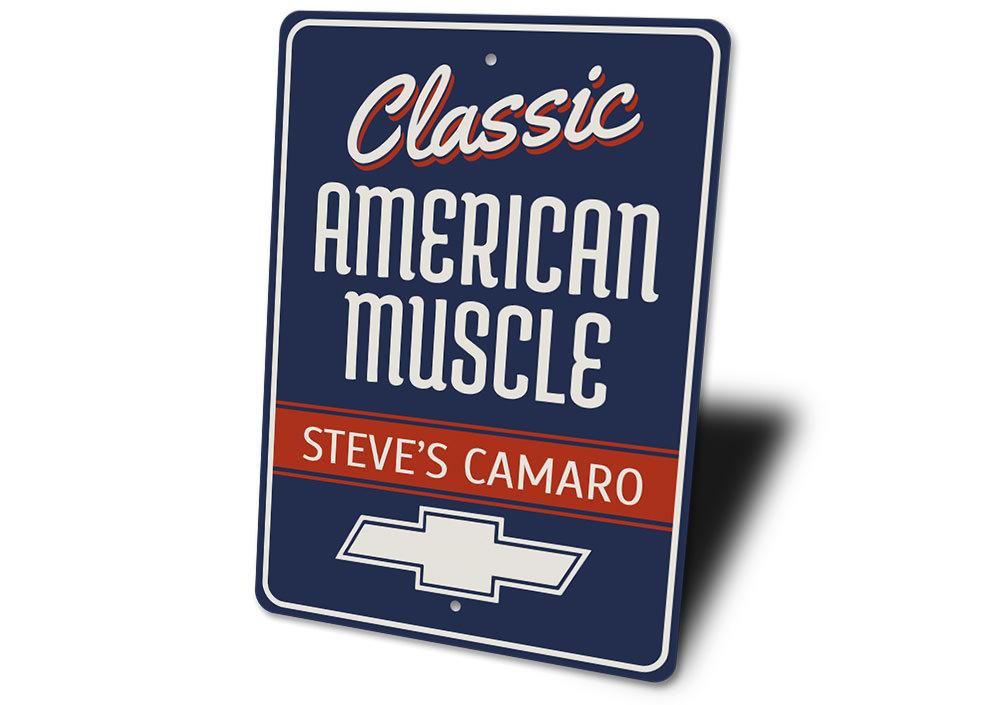 Classic American Muscle Camaro Sign made of high-quality aluminum, featuring vibrant colors and customizable text options, perfect for garages and man caves.