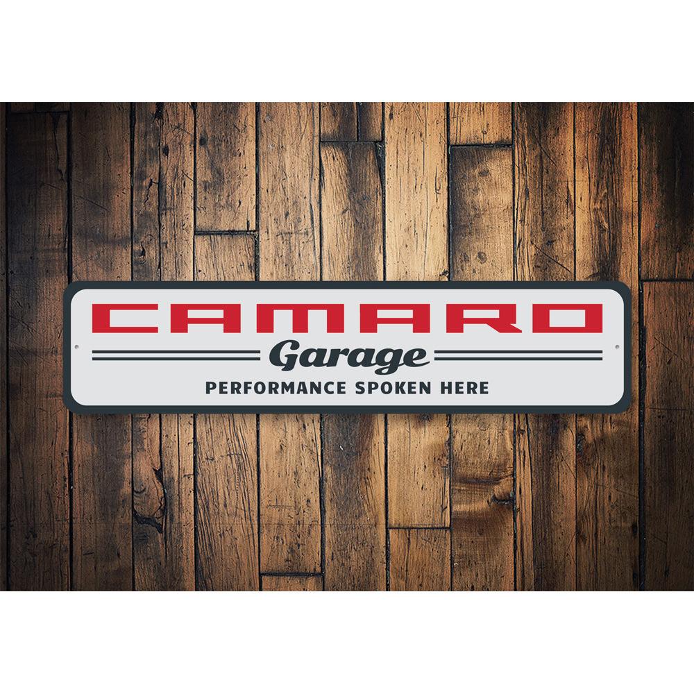 Classic Camaro Garage Sign made of durable aluminum, featuring vibrant colors and customizable text options, perfect for car enthusiasts.